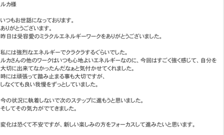 ミラクルエネルギーワークでいただいたM.S様の感想