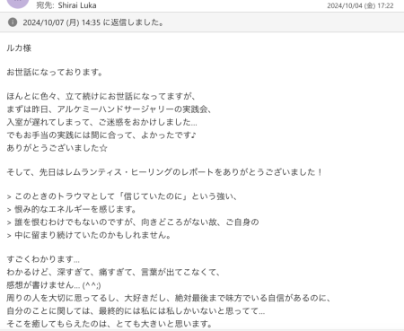 M.Y様からいただいたレムランティスヒーリングの感想